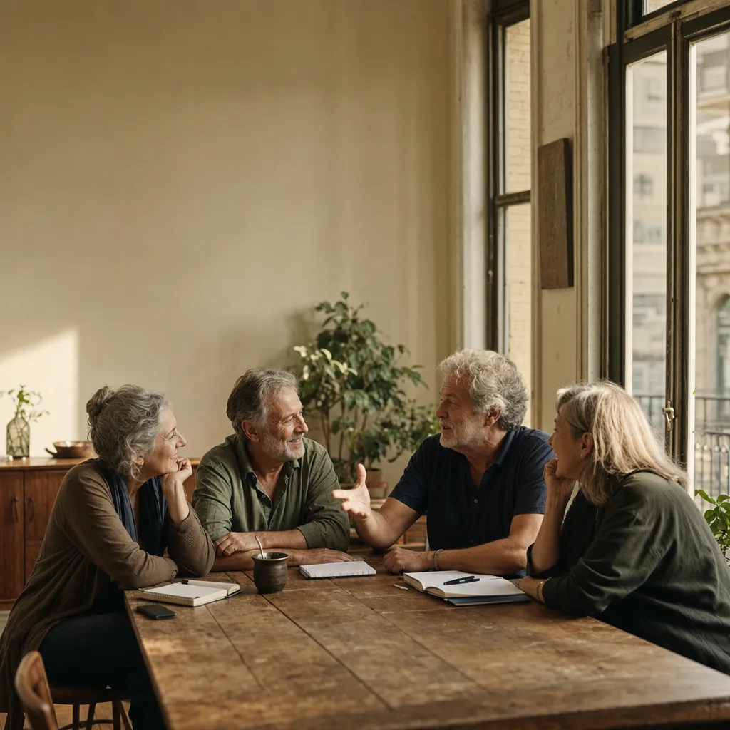 Un grupo de cuatro adultos conversando alrededor de una mesa, en una charla cálida y distendida