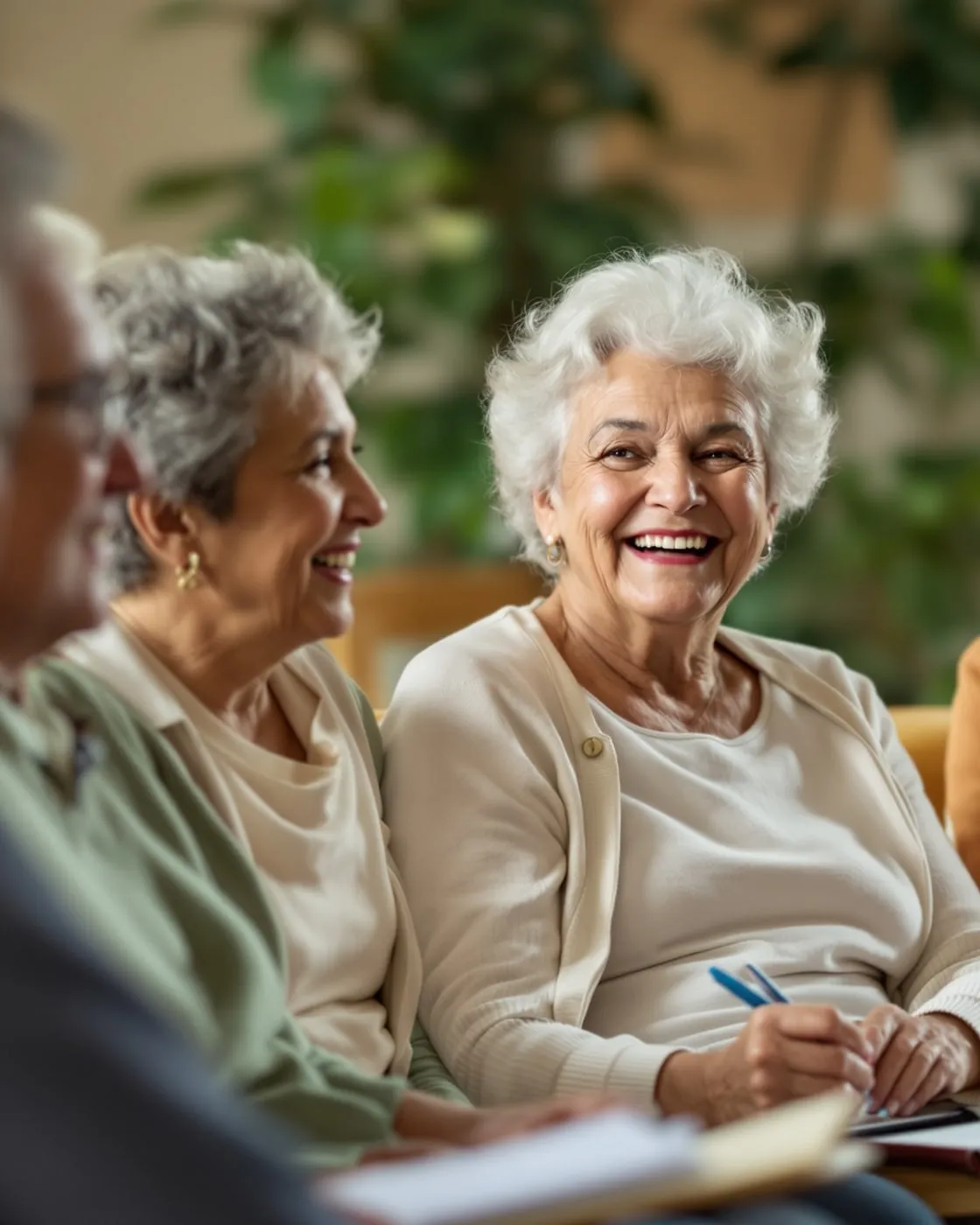Grupo de adultos mayores sentados juntos en un taller de memoria, sonriendo y tomando notas